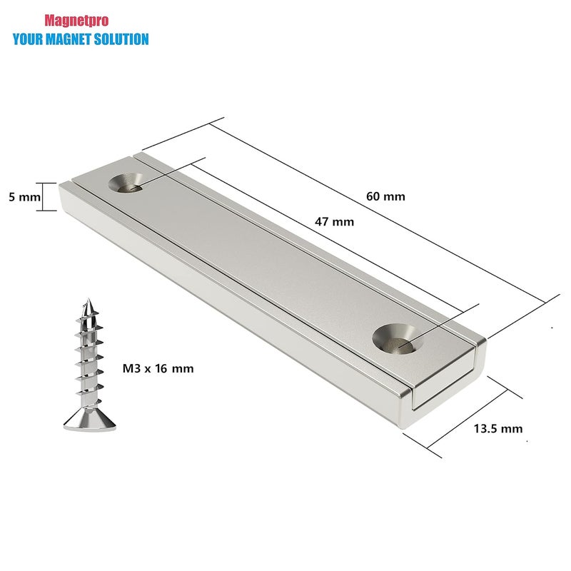 Magnetpro Rectangular Magnets 70 LB Force Size 2.36" x 0.53" x 0.20" with Counterparts and Countersunk Hole, Household and Industrial Pot Magnet with Screws Pack of 6 - Image 4